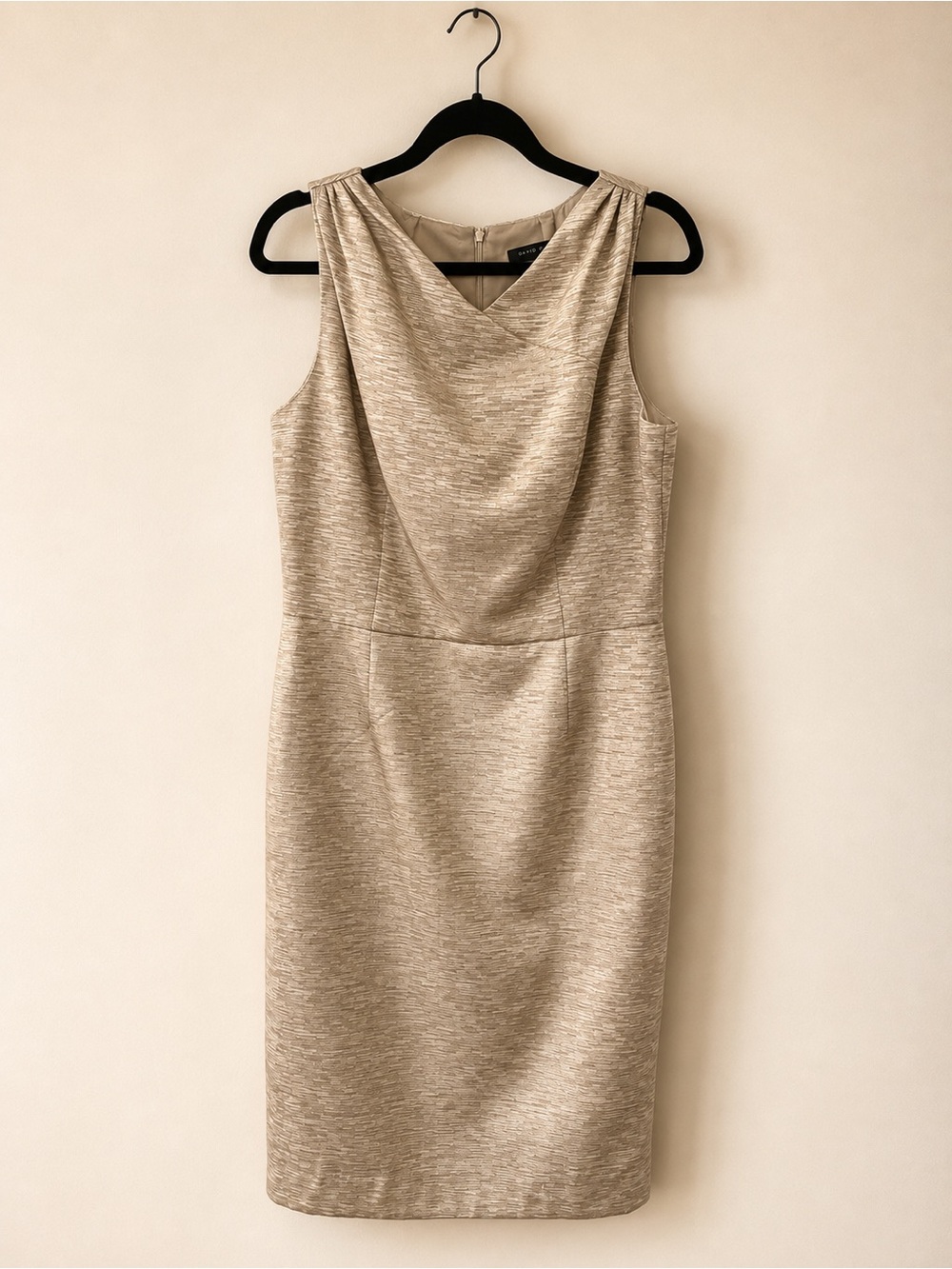 David Meister Size 12 Champagne Metallic Sheath Cocktail Dress